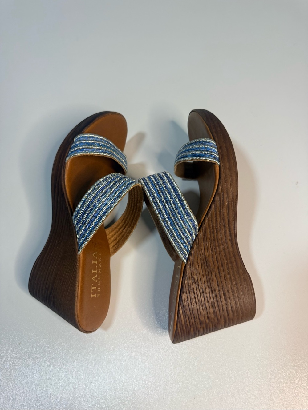 Italina Blue Striped Fabric Wedge Sandals